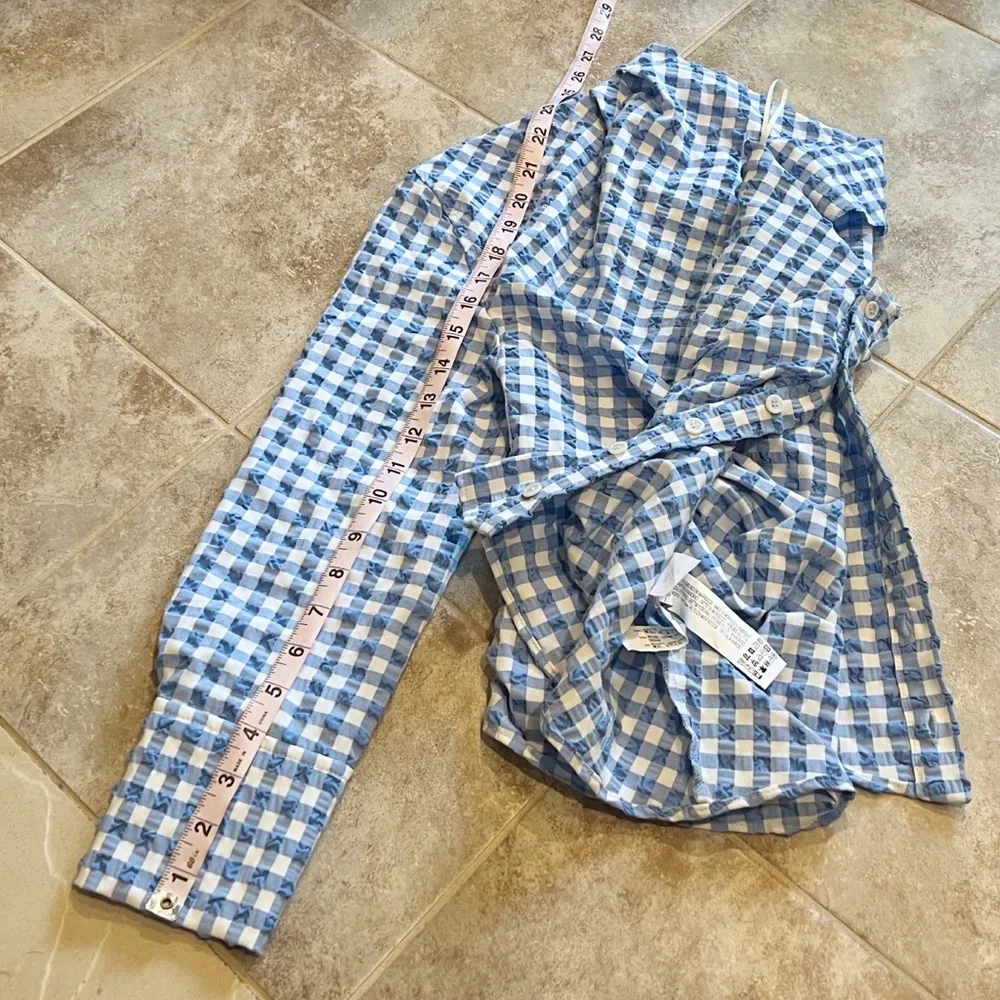 🆕 ZARA gingham plaid one shoulder blouse top blue white small stretchy - Image 3