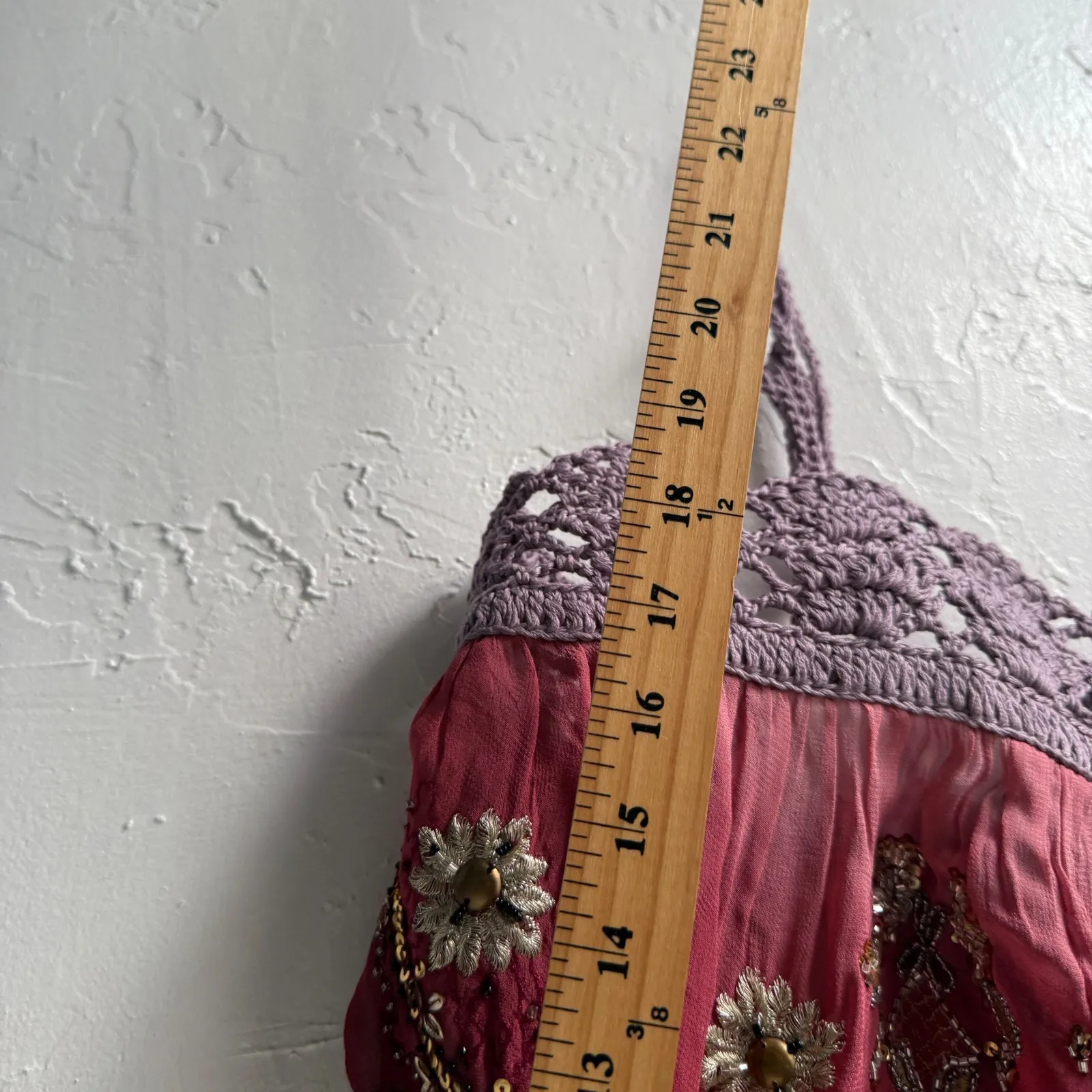 Handmade Sequin Beaded Festival Top‎ Crochet Trim Sleeveless Tie Back Blouse Red - Image 8