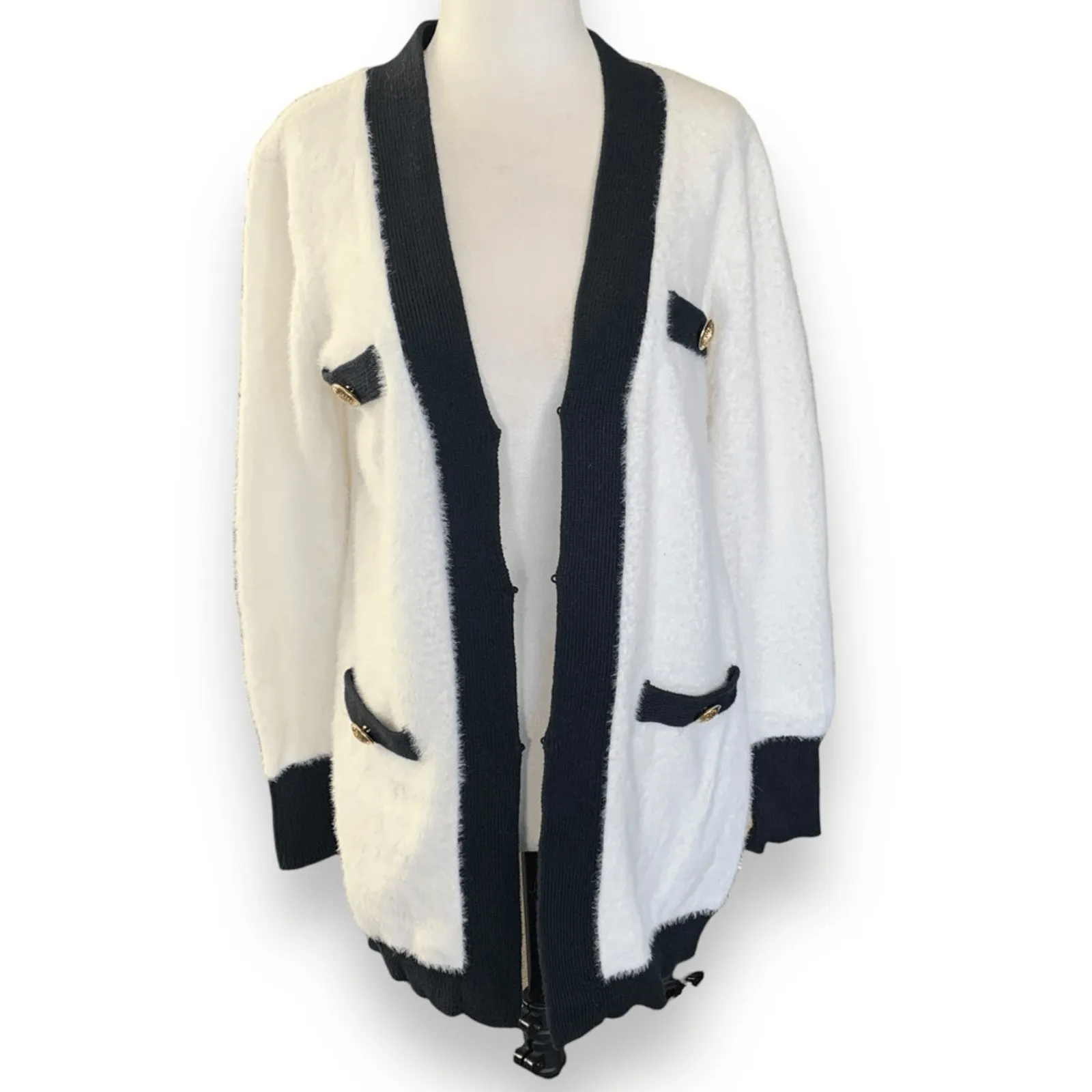 Boston Proper White Black Gold Button Colorblock V Neck Cardigan XS Fuzzy Plush - Image 5