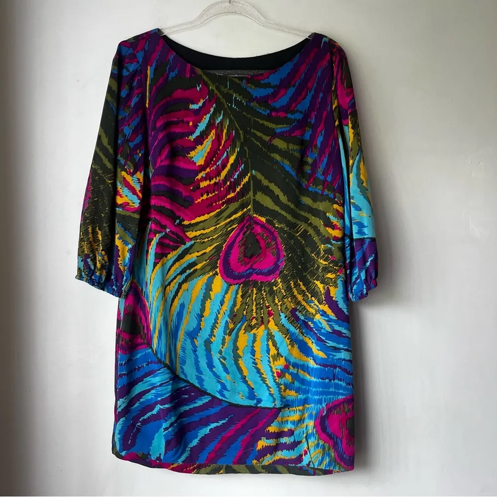 Trina Turk Kerry Vibrant Bright Colorful Peacock Feather Print Shift Dress 6 - Image 4