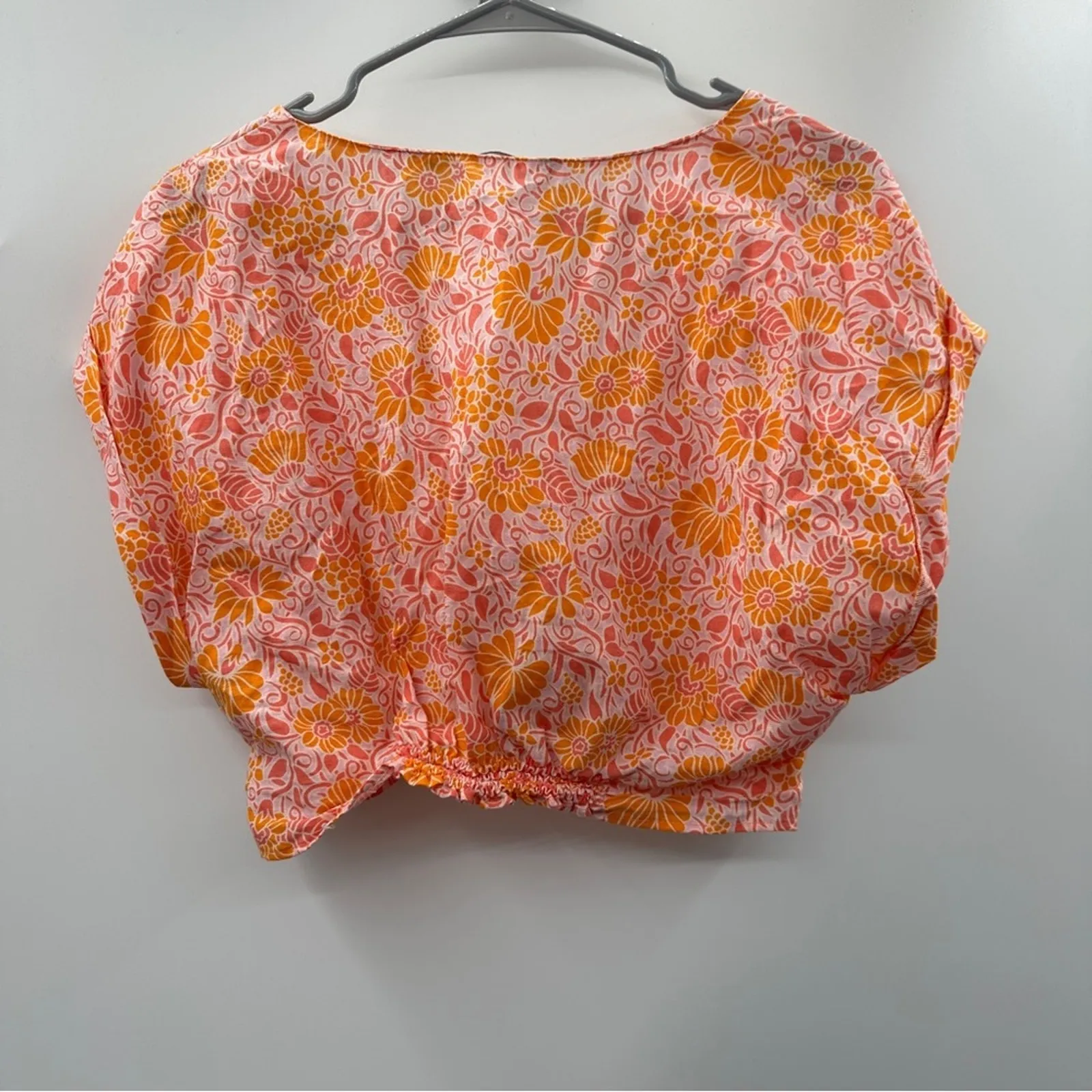 Zara‎ Pink & Orange Bright Floral Print Twist Front Short Sleeve Crop Top Size M - Image 2