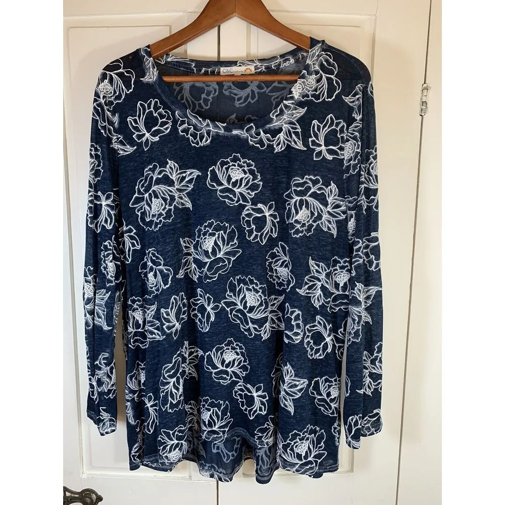 C&C California Top Women‎ Plus Sz 2XL XXL Floral Blue Burnout Shirt FLAW HOLE - Image 3