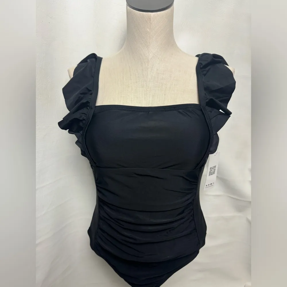 Charmo Women’s Ruffle One Piece Bathing Suit Black Tie Back Ruched Medium NWT - Image 4