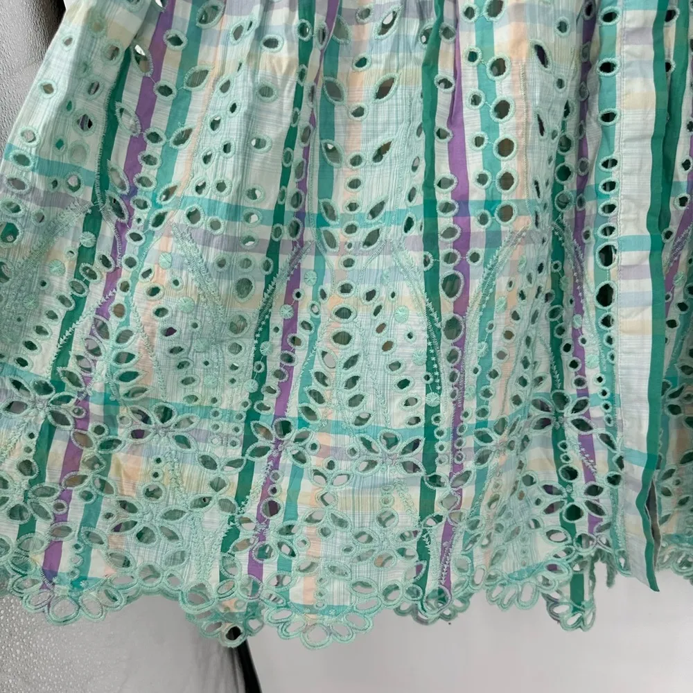 Tanya Taylor Mint Striped Fern Midi Dress size 6 Embroidered Eyelet Puff Sleeve - Image 7