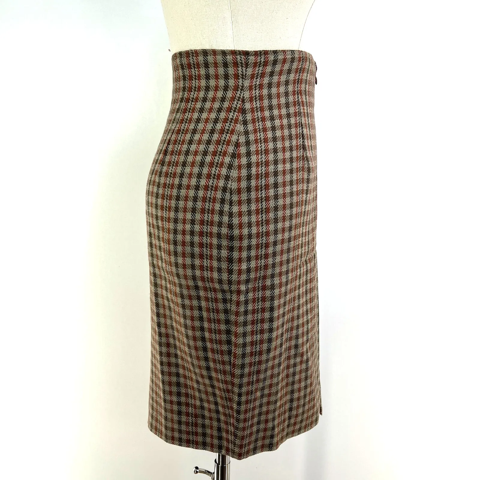 Jil Sander Check Plaid Pencil Skirt Brown High Waisted Wool Vintage - Image 5