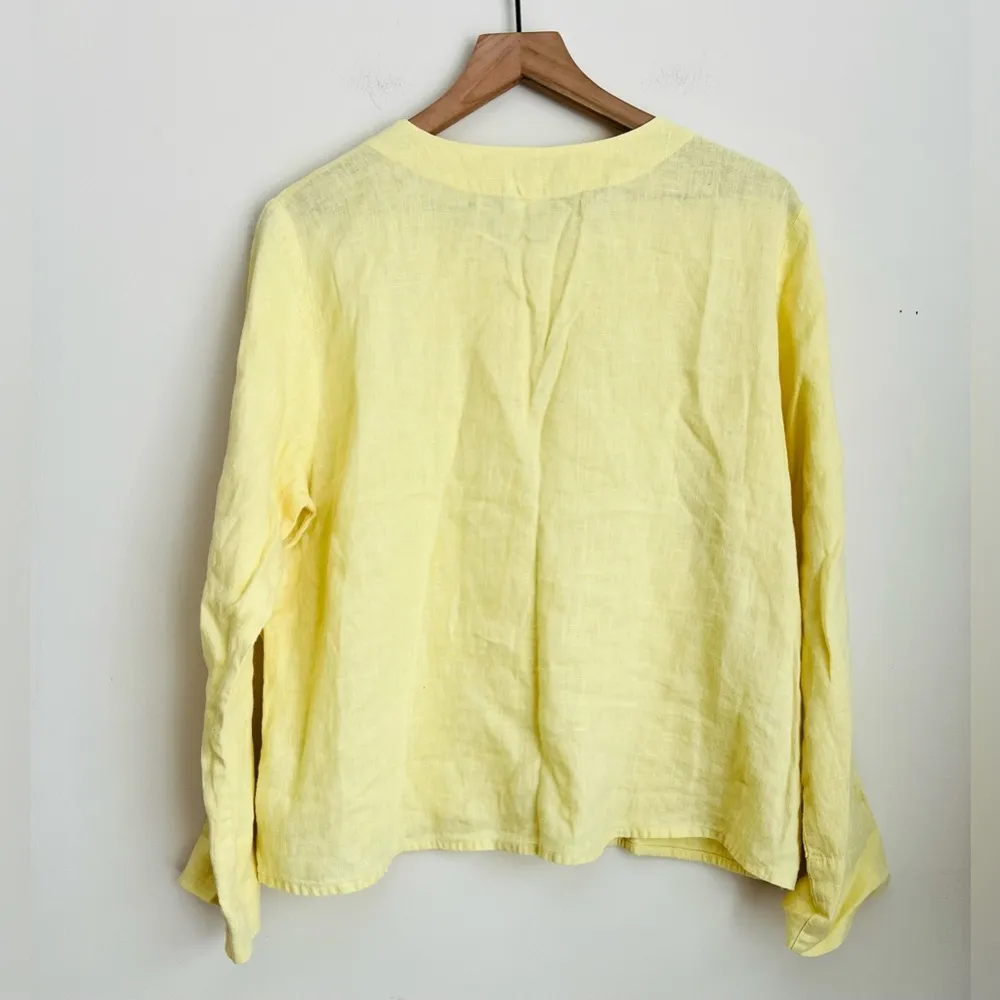 Flax women lemon yellow Linen long sleeve Mother of Pearl button blouse top S - Image 2
