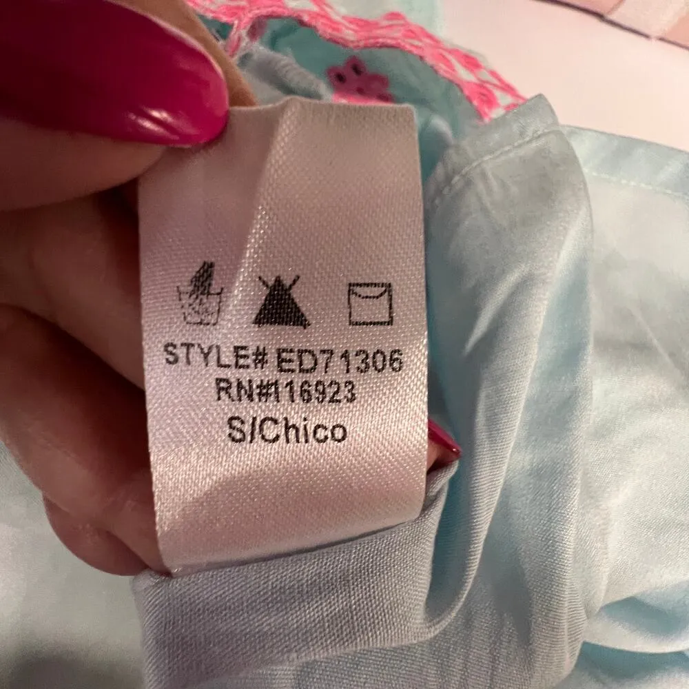 Easel Embroidered Smocked Tie Back Cotton Blue Ruffle Dress Small A Line Boho - Image 11