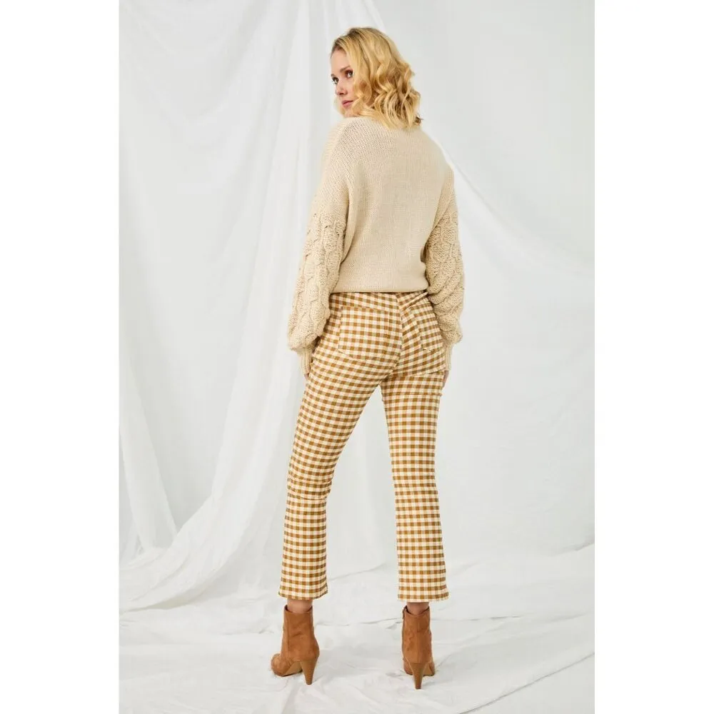 Hayden Womens High Waisted Gingham Pants Crop Flare Retro Beige Yellow M - Image 2