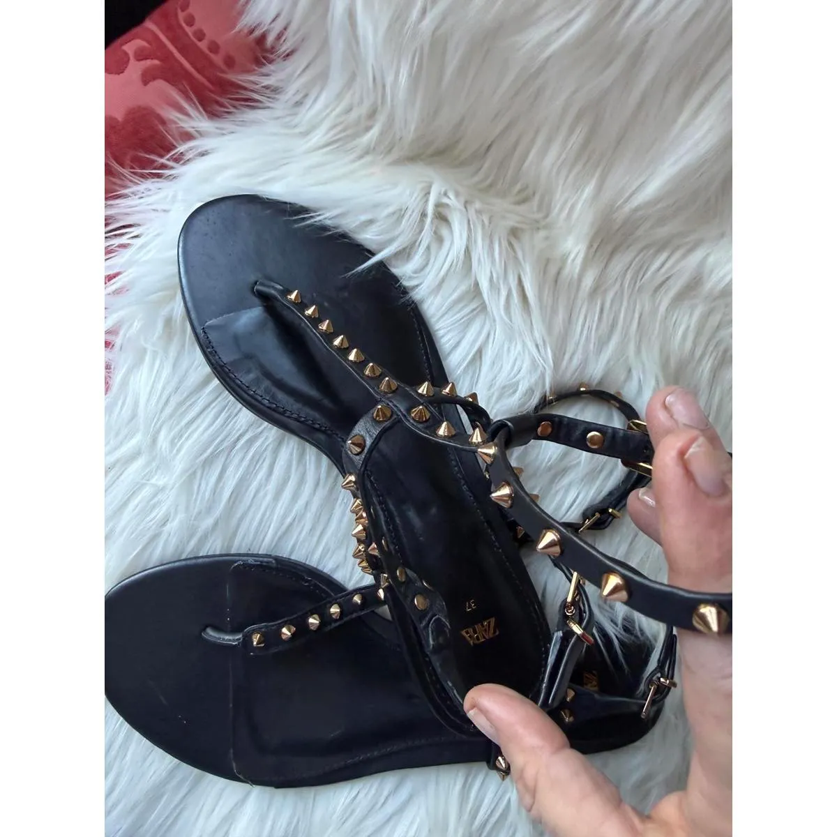 Zara Black Studded Leather Sandals - Image 3