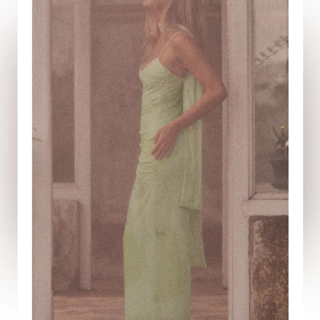 Zara NWT green tie dye tulle mesh ruched, attached scarf midi  occasion dress - Image 4