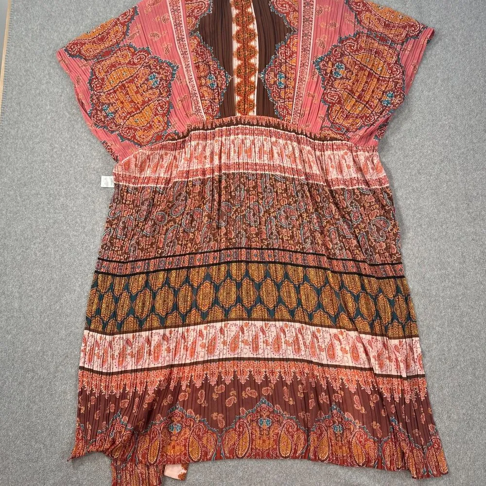 DR2 Kimono Duster Boho One Size Open Front Pleated Pink/Brown Paisley Print Pink - Image 9