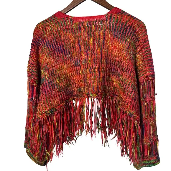 SHEIN Women‎ 14 Colorful Fringe Open Red Hand Woven Knit Cardigan Festive Boho - Image 4