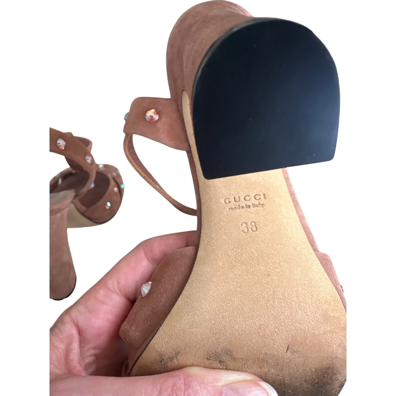 Gucci  Rose Suede Crystal T-Strap Heels Sandals Size IT 38, US 8 - Image 14