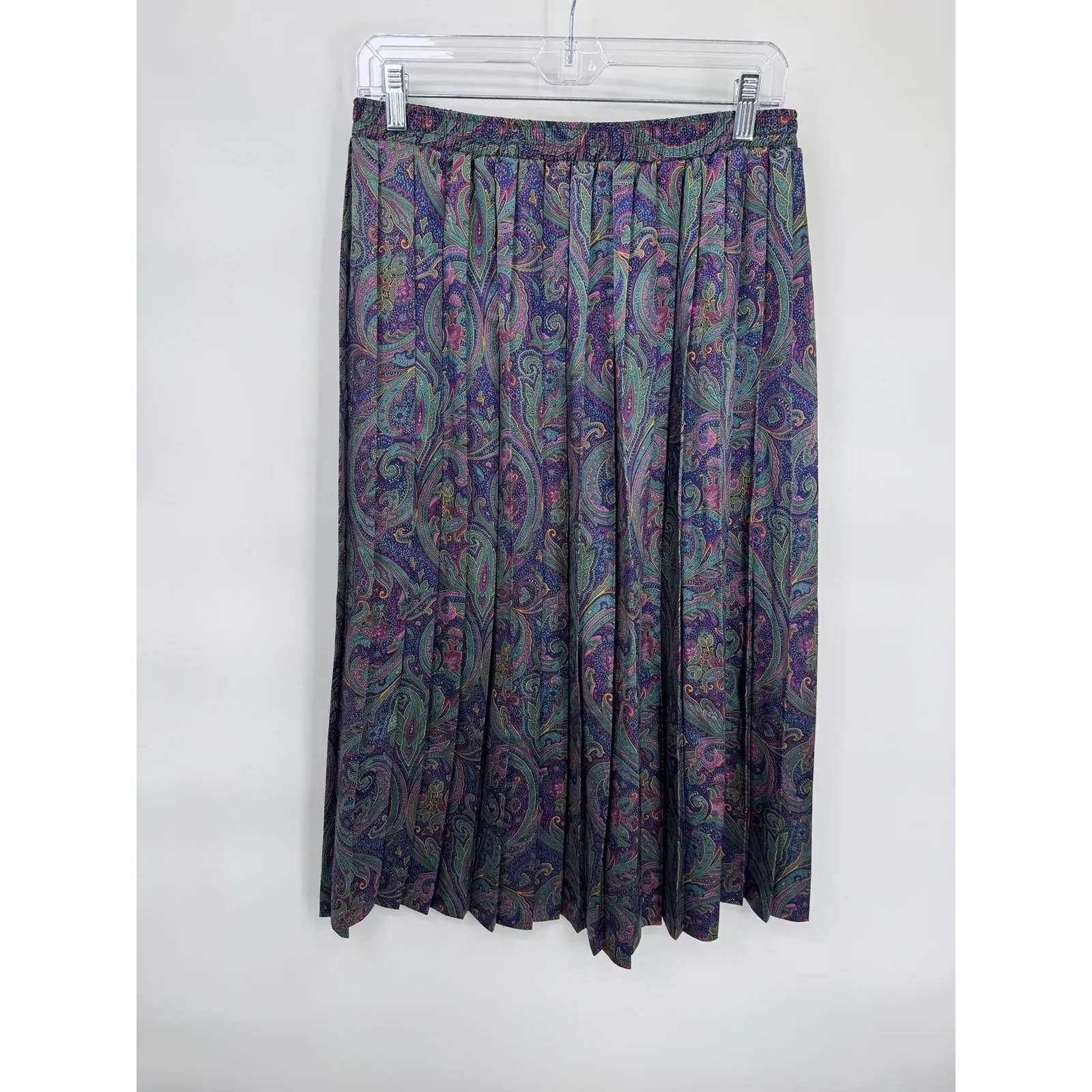 Vintage Russ Pleated Preppy Midi Skirt Womens 14 Purple Paisley Silky Satin - Image 4
