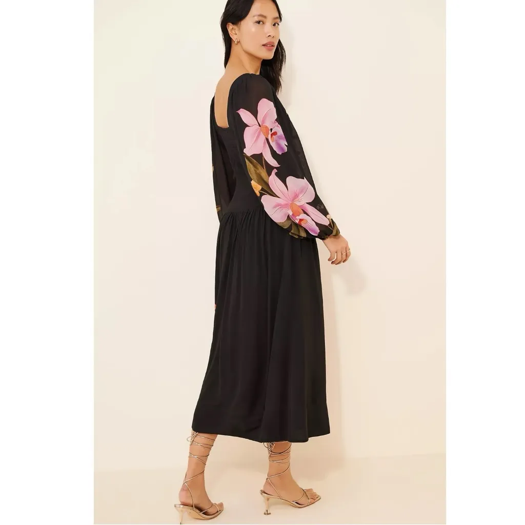FARM Rio Embroidered Goddess Orchid Floral Long Sleeve Midi Dress Black Medium - Image 4