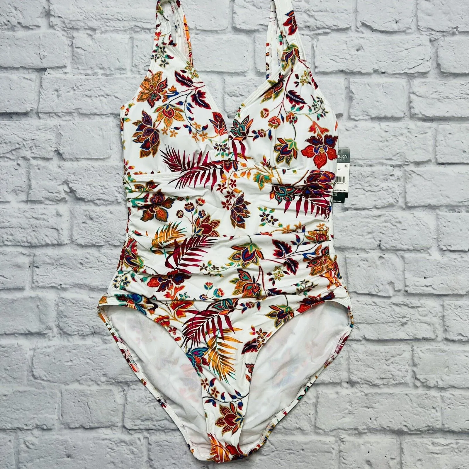 LRL Ralph Lauren Womens White Floral Jacobean One Piece Slimming Swimsuit 14/XXL - Image 2