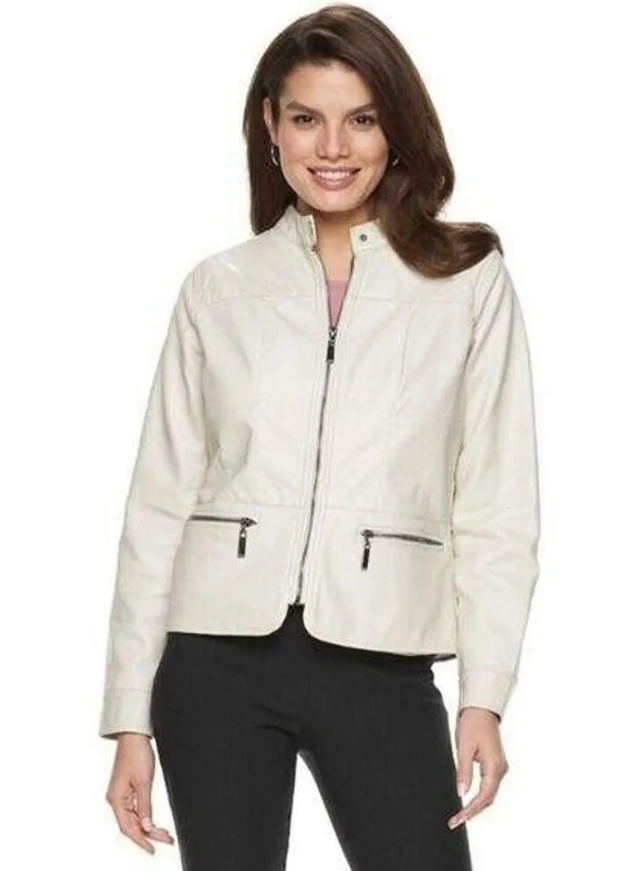 Apt 9 Womens Jacket Coat Faux Leather Quilted Moto Biker Ivory Small - Image 3
