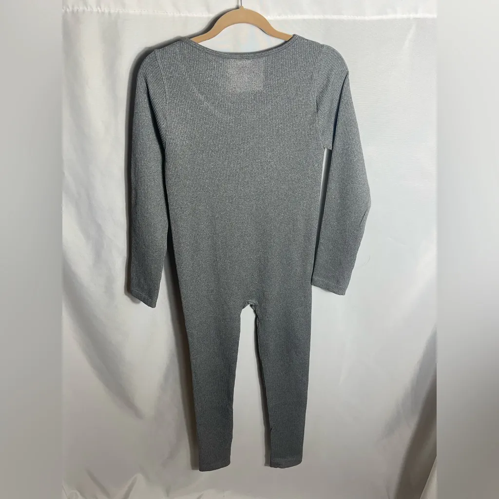 Pink Dot Gray Ribbed Knit Long Sleeve Jumpsuit Size XL One Piece Lounge Wear - Image 2