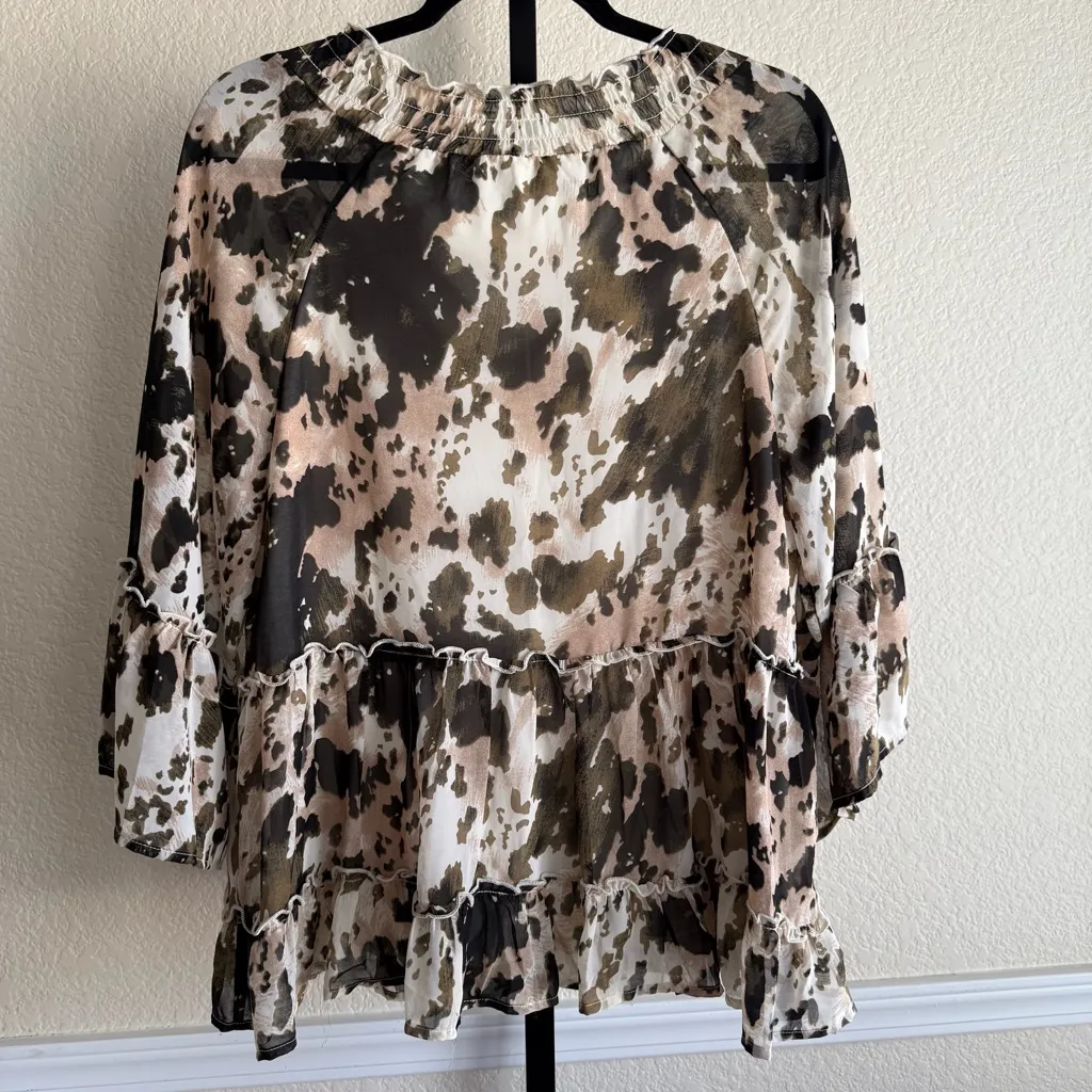 Oversized Smocked Peasant Blouse Size Small Sheer Lined Flowy Brown Boho Top - Image 2