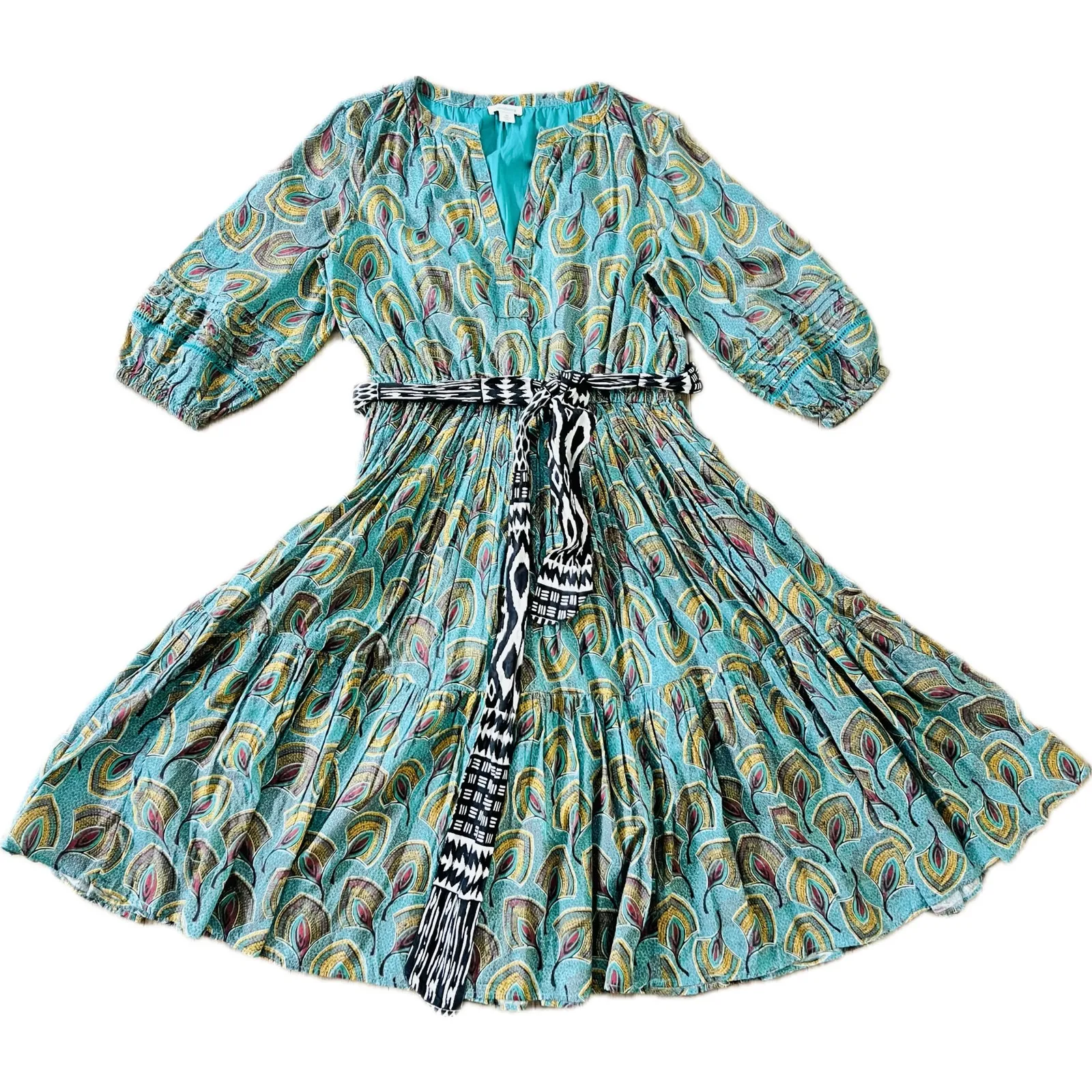 Sundance Catalog Alden Midi Dress Abstract Peacock Belted Medium Cotton Lined Blue - Image 6