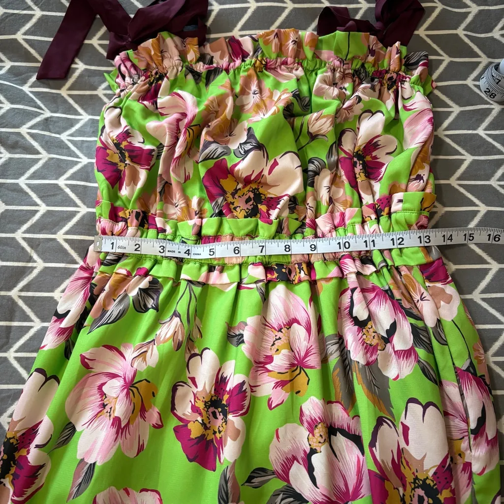 By Egreis Green Floral Midi Dress Size Small Purple Bow Tie Adjustable Length - Image 11