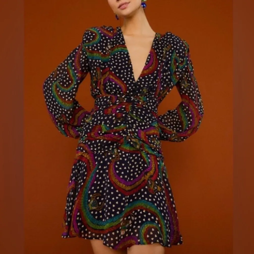 FARM Rio Mini Dress Rainbow Oxen Polka Dot Print Flowy Long Sleeve Size M Medium - Image 2