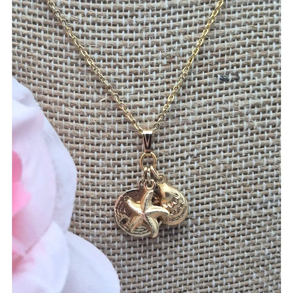CUTE Gold Tone Pendant Necklace 18" Dainty Chain & 3 Charms Shells Sea Star - Image 4