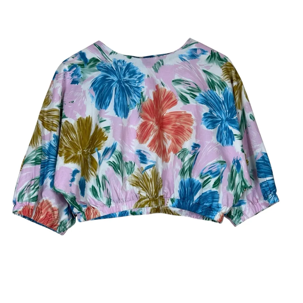NWT Aureum Crop Top Womens M Pink Floral Puff Sleeve 100% Cotton Coastal Beachy Blue Size M - Image 2