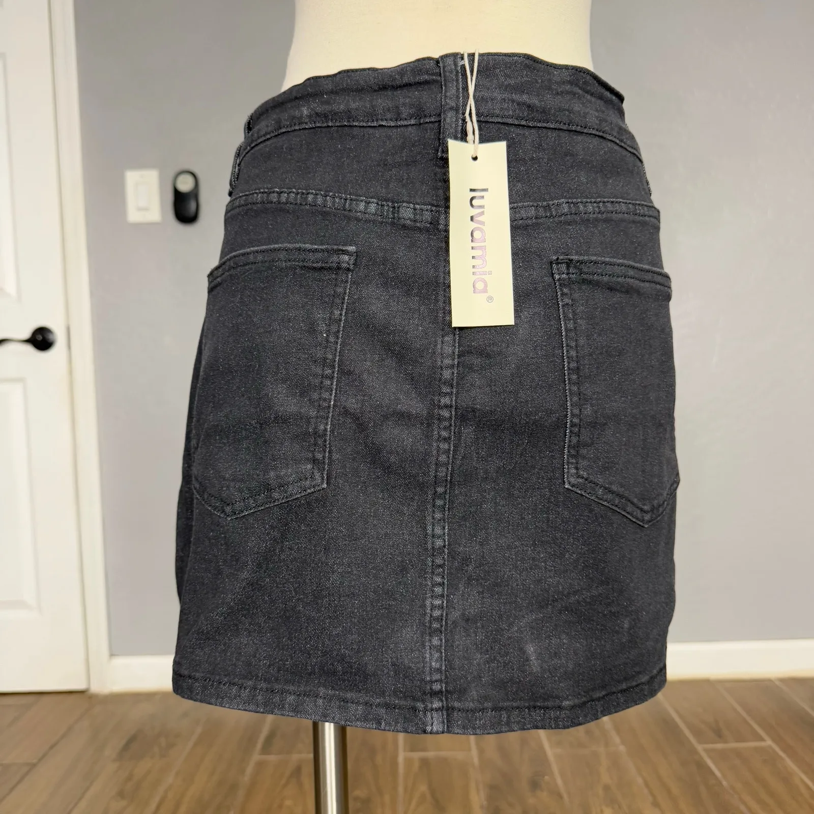 Luvamia Women Black High Waist Denim Mini Skort Side Split, L Size L - Image 2