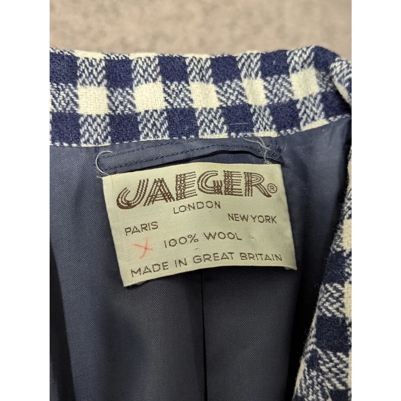 Vintage Jaeger Plaid Gingham Wool Blazer Structured Jacket Womens Medium Navy - Image 6