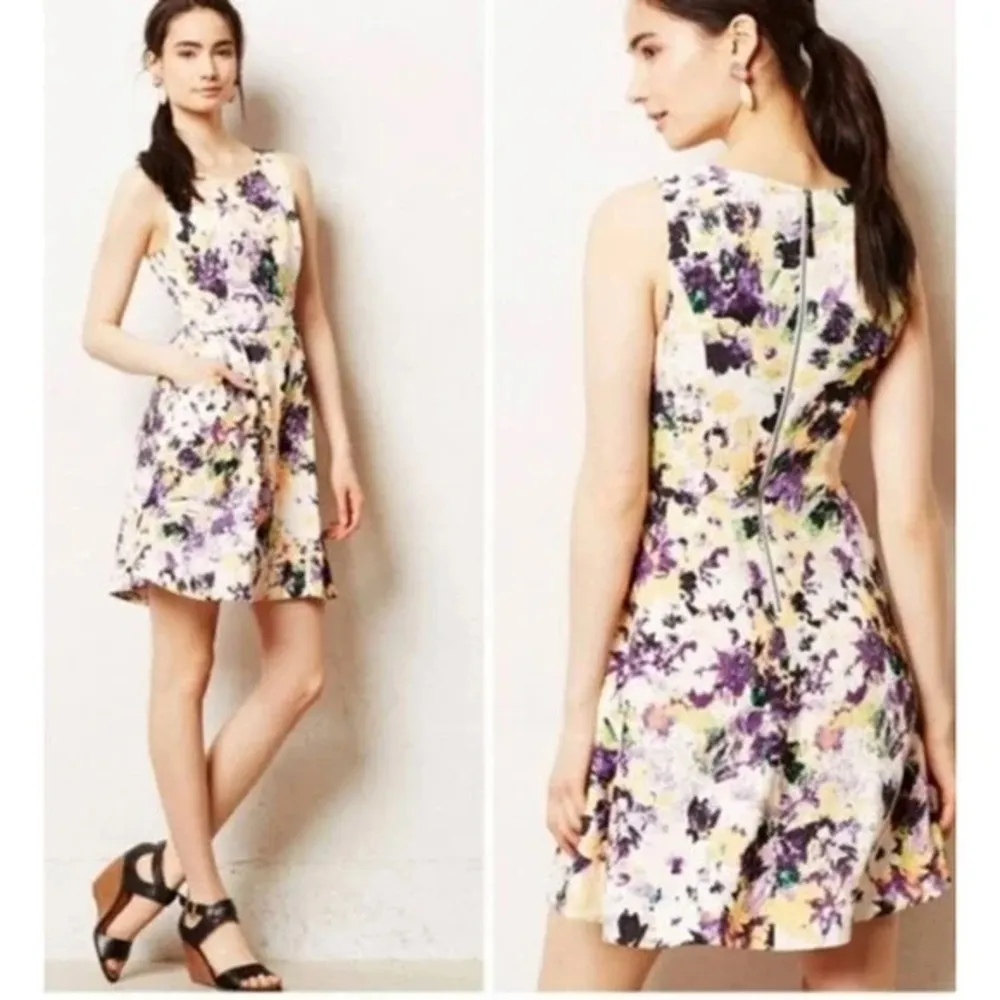 Maeve Anthropologie Neon Floral Printed Fit and Flare Dress Pebble Texture 4P - Image 3