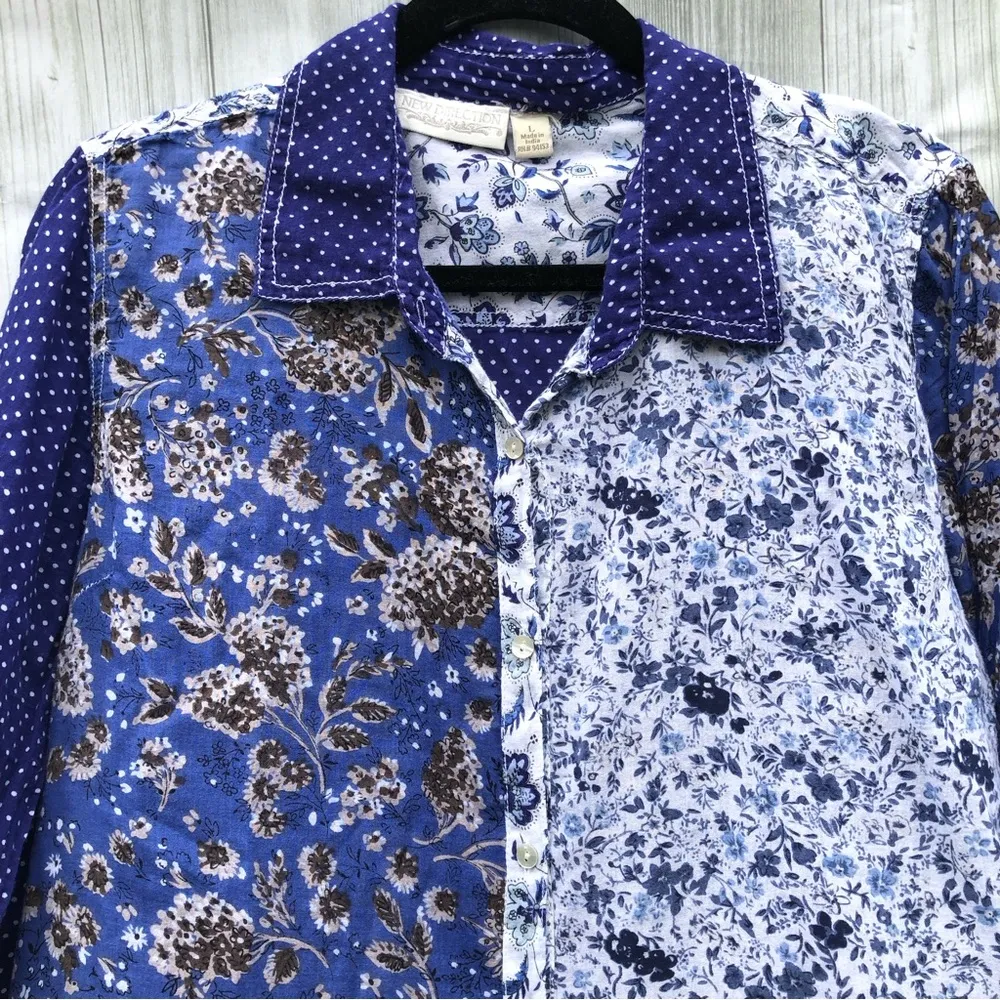 Blue floral Cotton button down Blouse L - Image 2