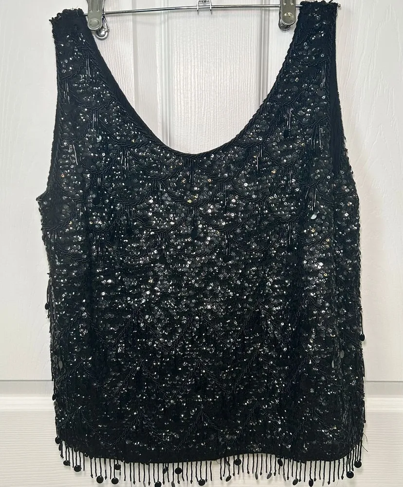 Source Unknown Black Sequin Beaded Y2K Embellished Silk Tank Top Blouse S/M Evening Cocktail - Image 1
