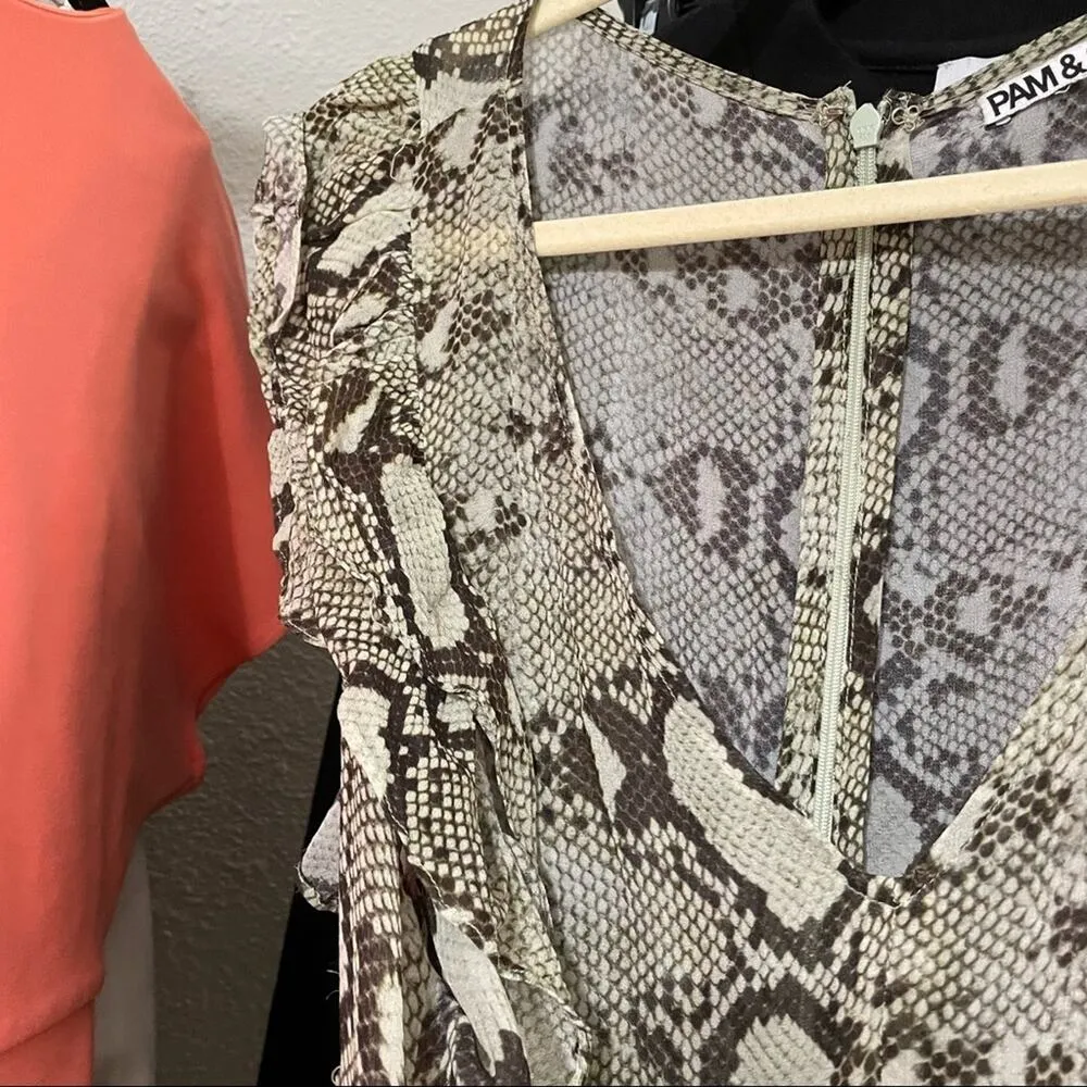 Pam & Gela Beige & Black Snake Print Ruffled Mini Dress 10 - Image 5