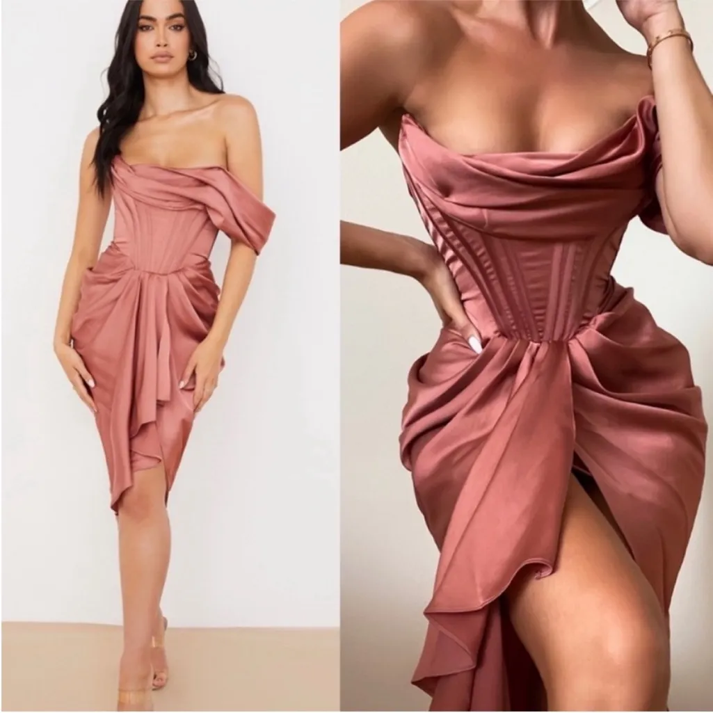 House of CB Janis Rogue Satin Corset One Shoulder Draped Knee Length Dress in XS - Image 2