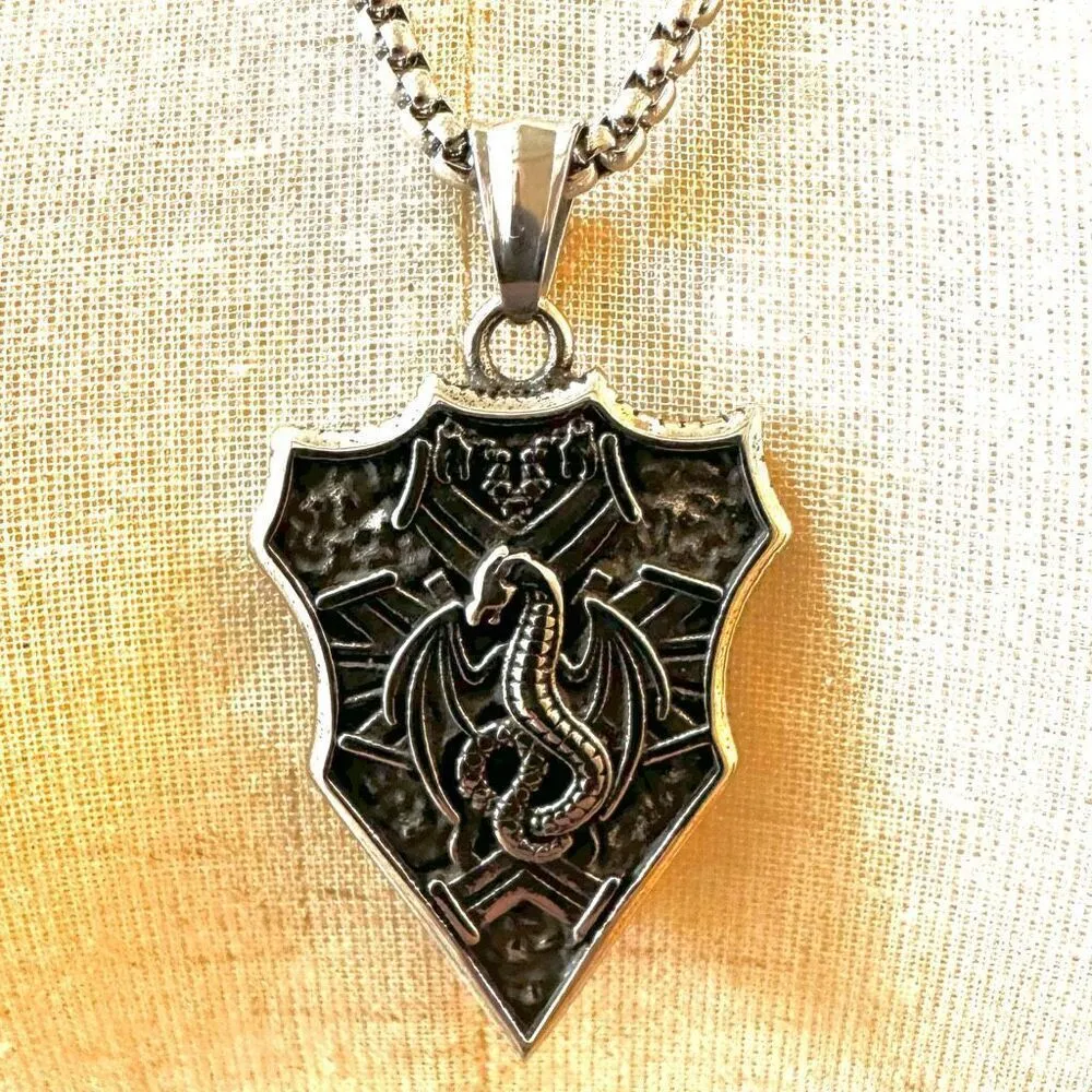 Hzman flying dragon shield pendant necklace Silver - Image 9