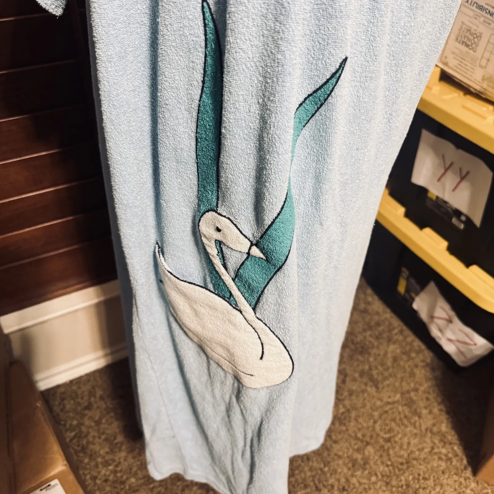 Vintage 70s Terry Cloth Robe Caftan House Dress Swan Pocket Lounge XL Blue USA - Image 2