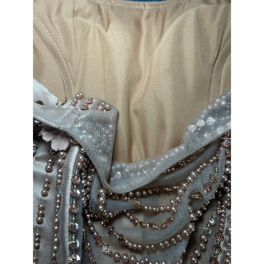 Handmade Beaded Mini Dress Medium Floral Applique Party Cocktail Dress Rose Gold Tan - Image 6