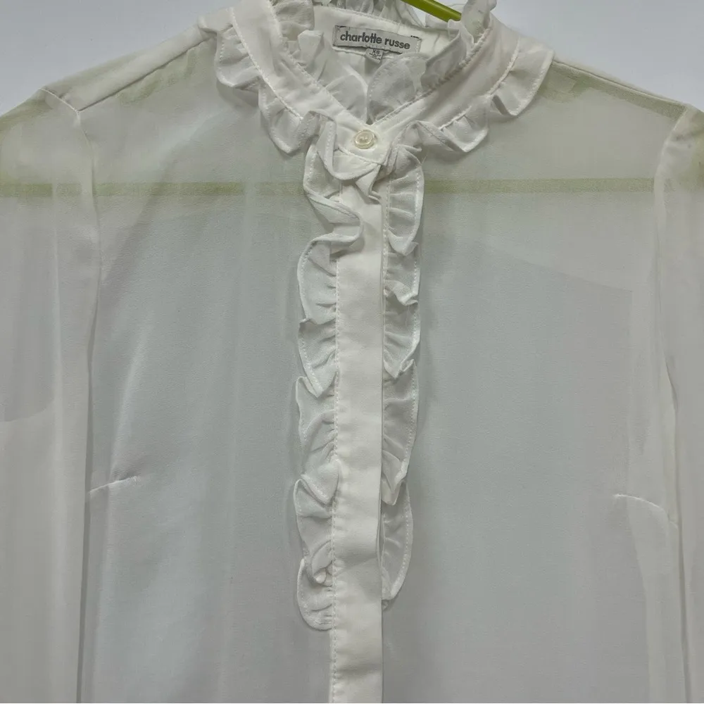Victorian xs ruffled button down off white sheer ruffle blouse FLAWED - Image 4