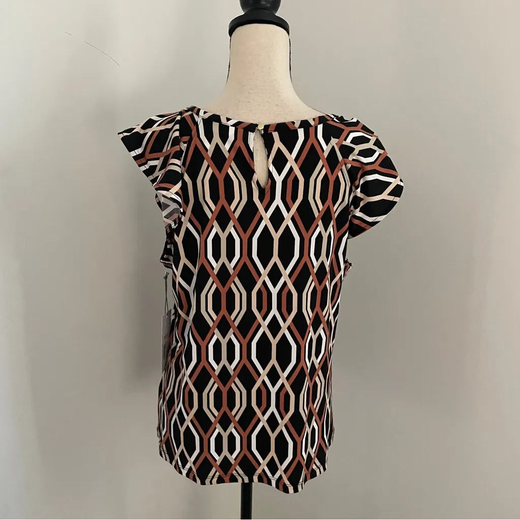 Liz Claiborne Flutter Sleeve Work Blouse Medium Black White Coral‎ Geometric Top - Image 3
