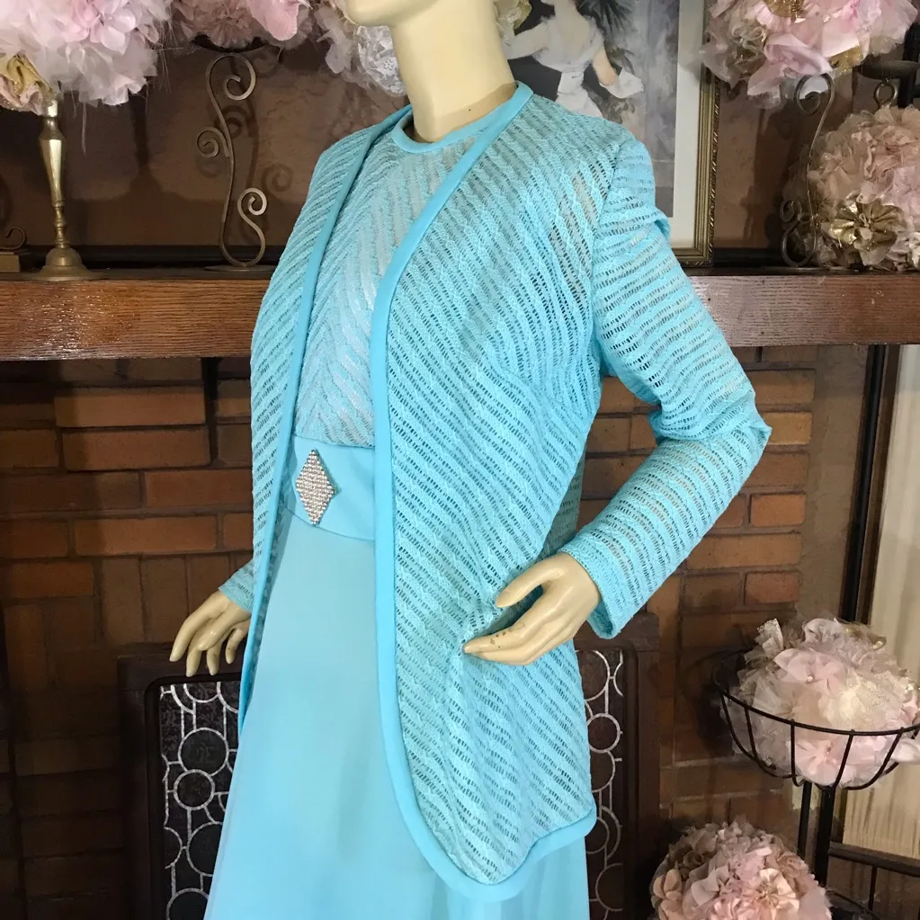 JOHN LANE X SEYMOUR LEVY VINTAGE 1960'S AQUA BLUE DRESS & LACE JACKET SET (L) Size L - Image 10