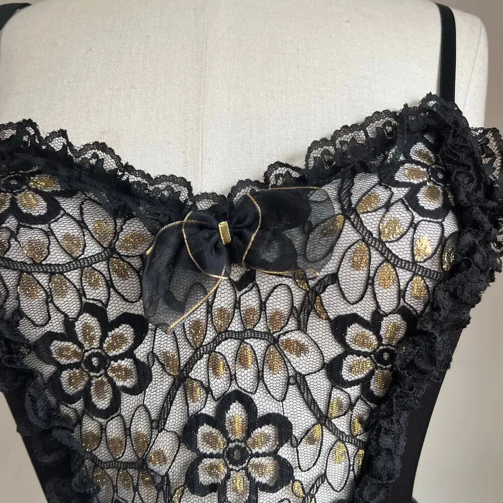 90s Vintage Dark Fairy Lace Black & Gold Bodysuit With Sheer Flouncy Tutu Size M - Image 3