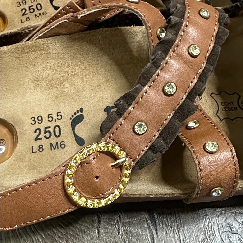 Birkenstock Betula Rhinestone Stud Brown Leather Strappy Sandals Euro 39‎ Size 8 - Image 11