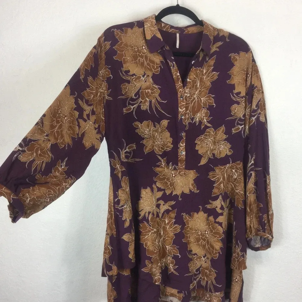 Free People Shake It Burgundy Floral Boho Ruffle Button Long Sleeve Mini Dress - Image 10