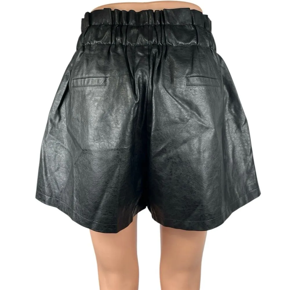 Women's Black Faux Leather High Waist Wide Leg Elastic Waist Shorts XL - Image 3