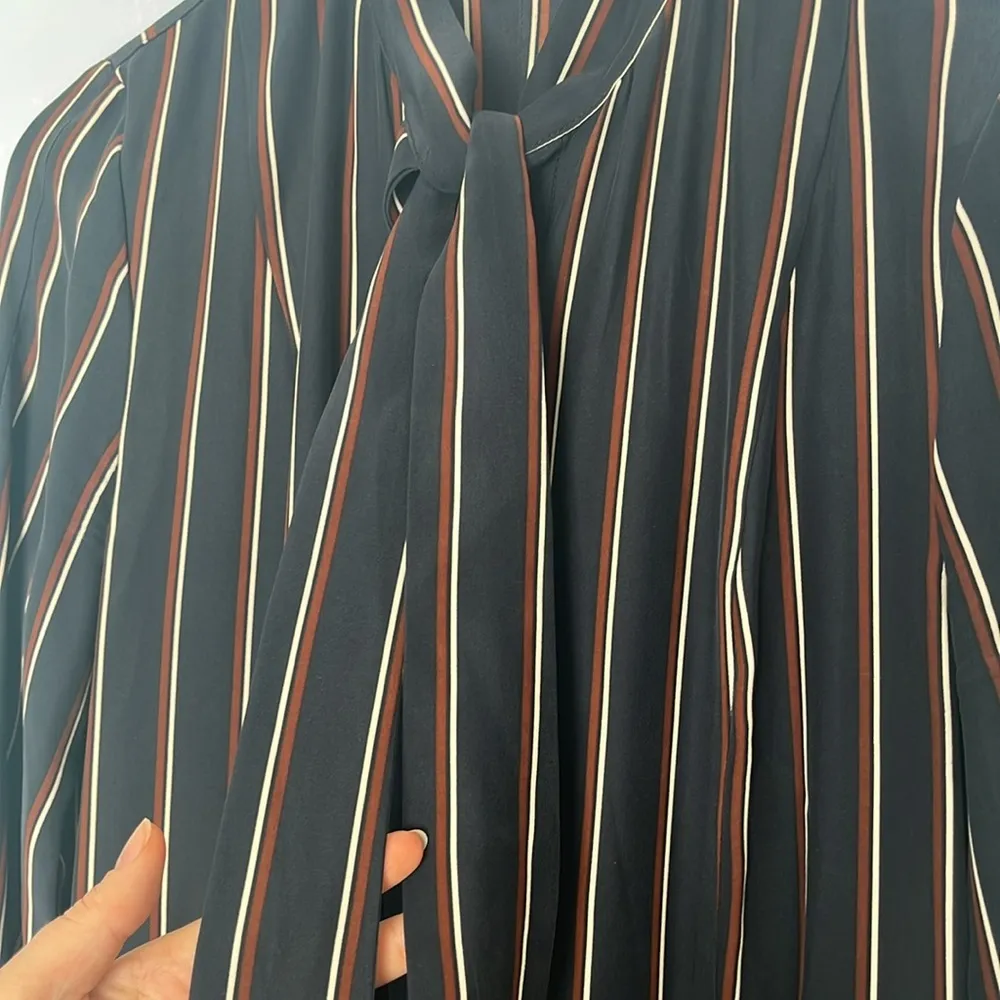 Frame 100% Silk Navy Vintage Stripe Long Sleeve Button Up Midi Dress - Image 7