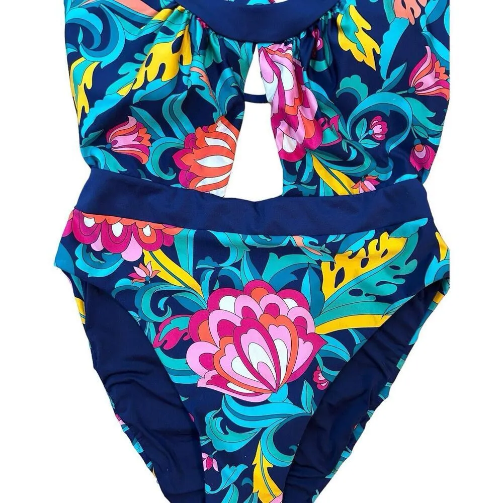 Trina Turk India Garden Halter Belted One Piece Womens Floral Swimsuit Size 6 - Image 5