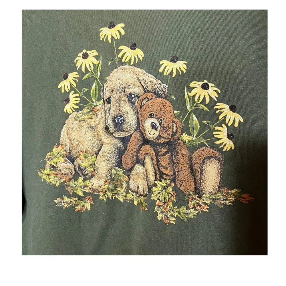 Vintage Jerzees Puppy Print‎ Green Crewneck Sweater Size Medium - Image 3