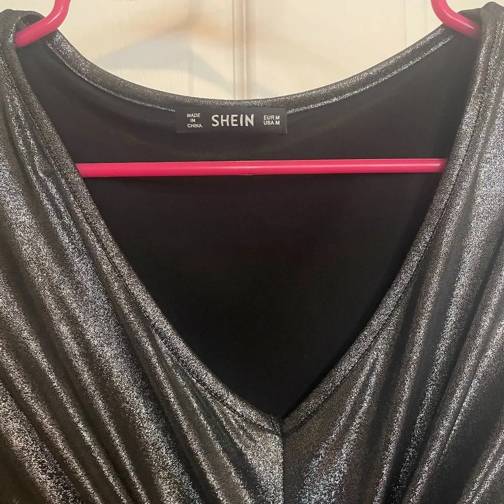 SHEIN Metallic Front Tie Silver Dress Shirt Size Medium - Image 2