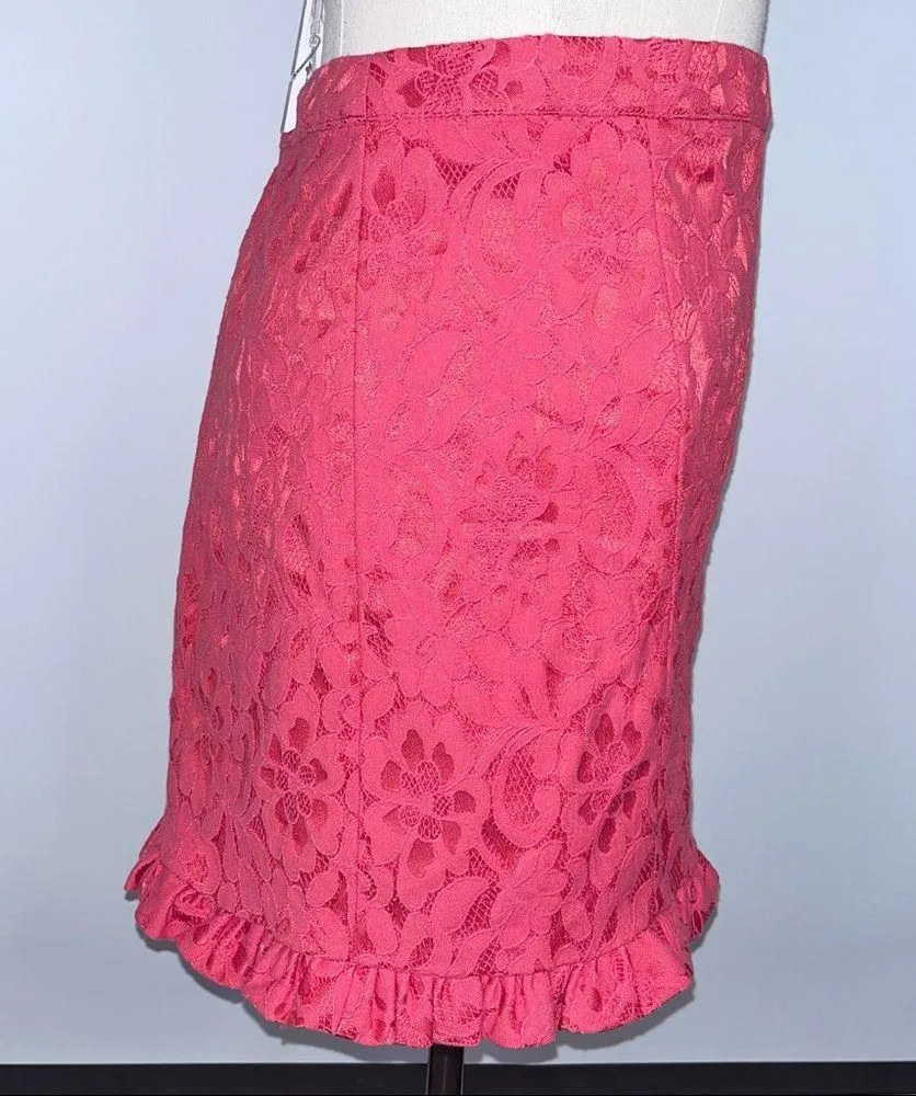 FREE PEOPLE Coral Pink Floral Lace Ruffle Short Mini Skirt 4 - Image 5